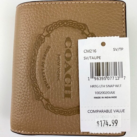 Coach CM216 Snap Wallet With Coach Heritage in Taupe, New with Tag - Picture 1 of 5